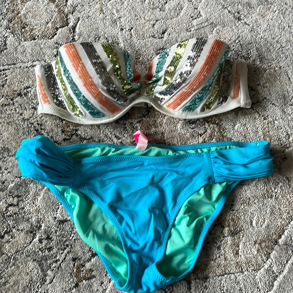Victoria’s Secret swim set! 32B strapless sequins and small blue bottom